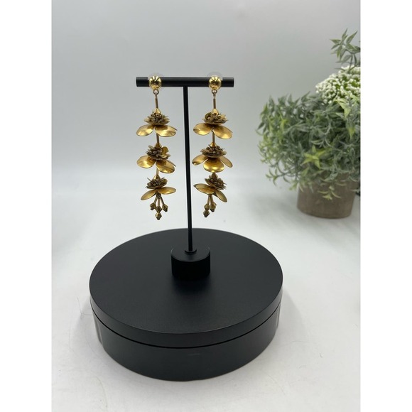 J. Crew Bead & Blossom Gold Tone Long Triple Flower Dangle Gilded Earrings - Picture 4 of 14